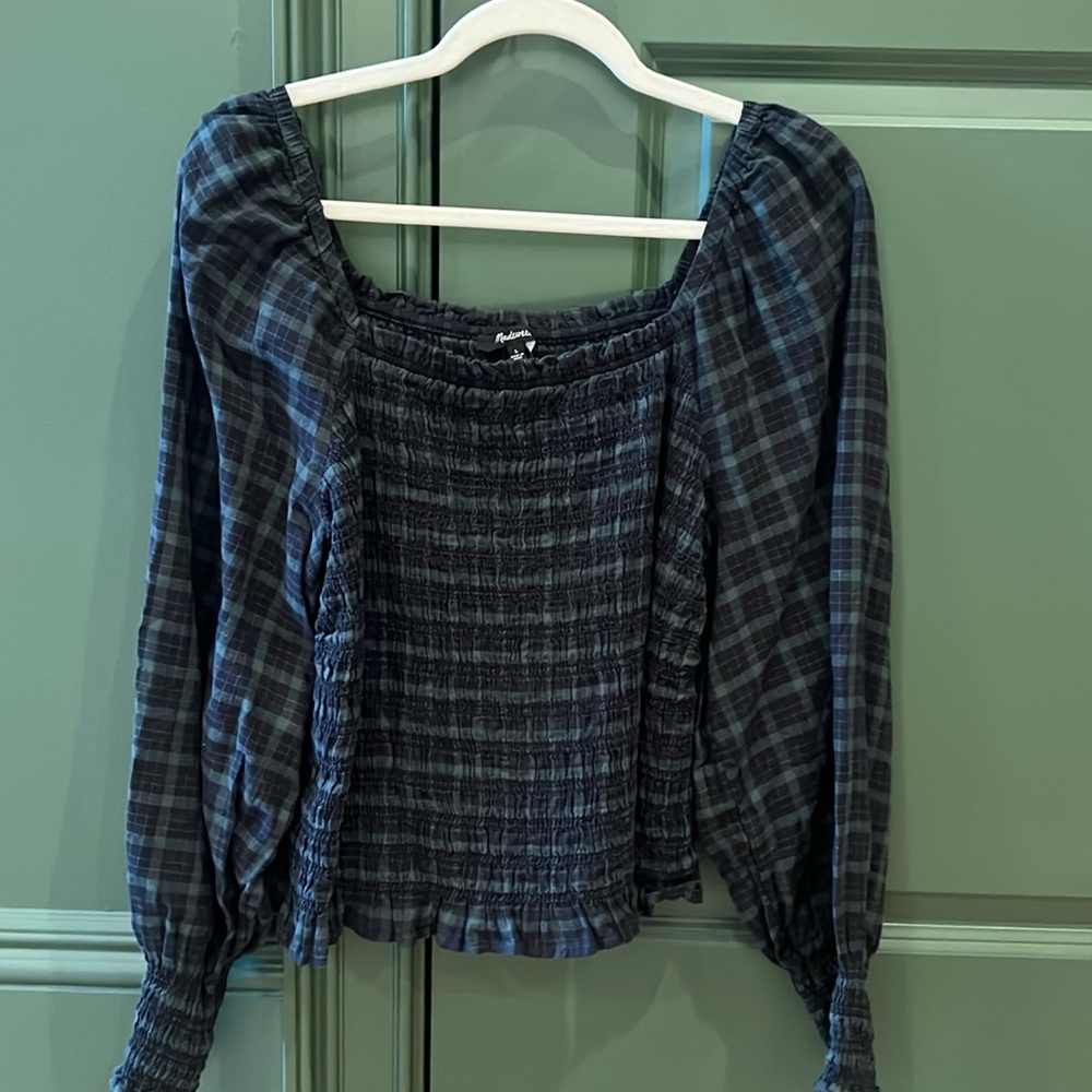 Madewell Smocked Tartan plaid shirt